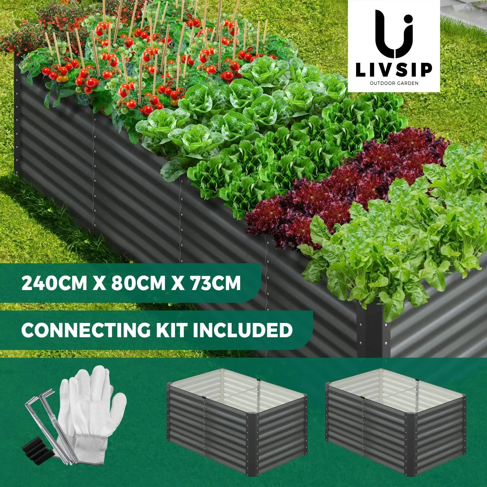 Livsip Garden Bed Kits Raised Vegetable Planter Galvanised Steel 240x80x73CM