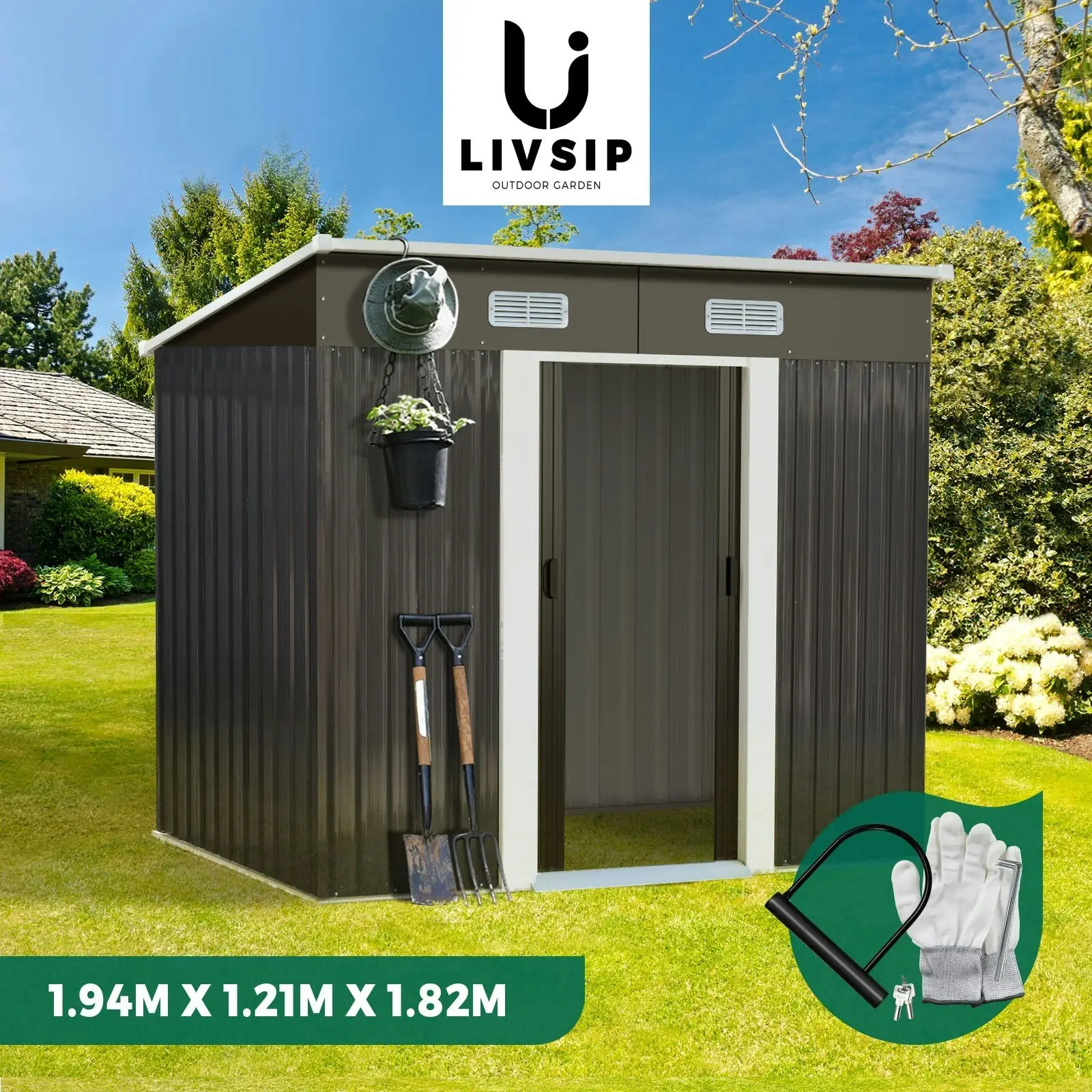 Livsip Garden Shed Outdoor Storage Sheds 1.94x1.21M Workshop Cabin Metal House