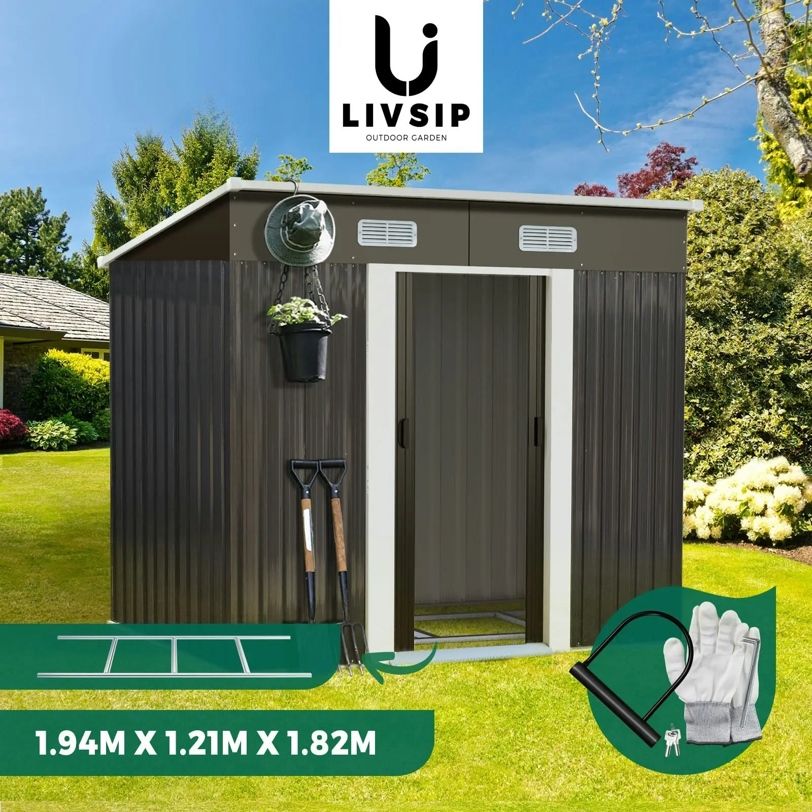 Livsip Garden Shed Outdoor Storage Sheds 1.94x1.21M Workshop Cabin Metal Base