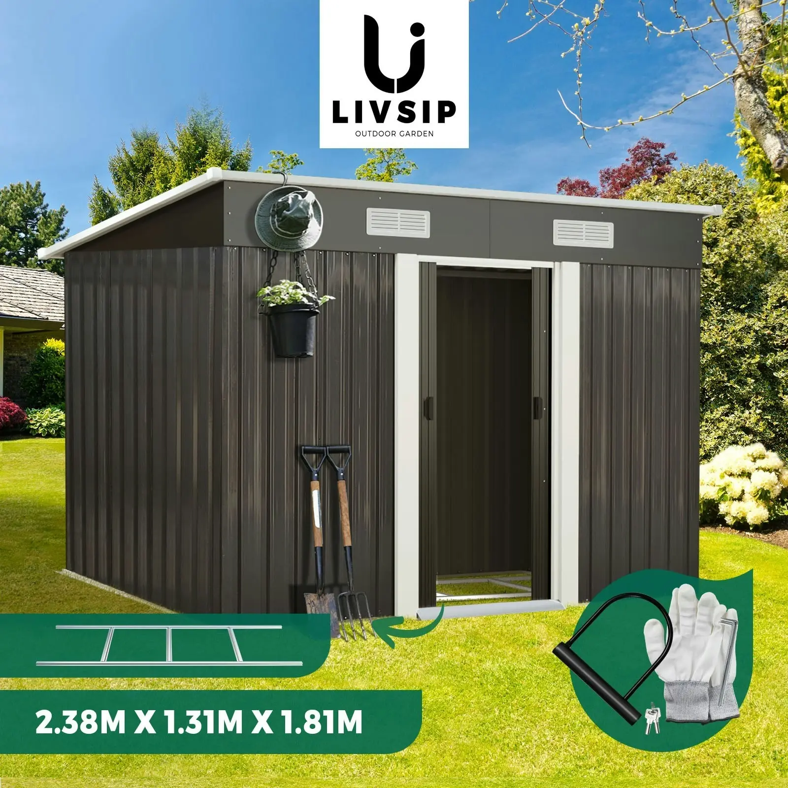 Livsip Garden Shed Outdoor Storage Sheds 2.38x1.31M Workshop Cabin Metal Base