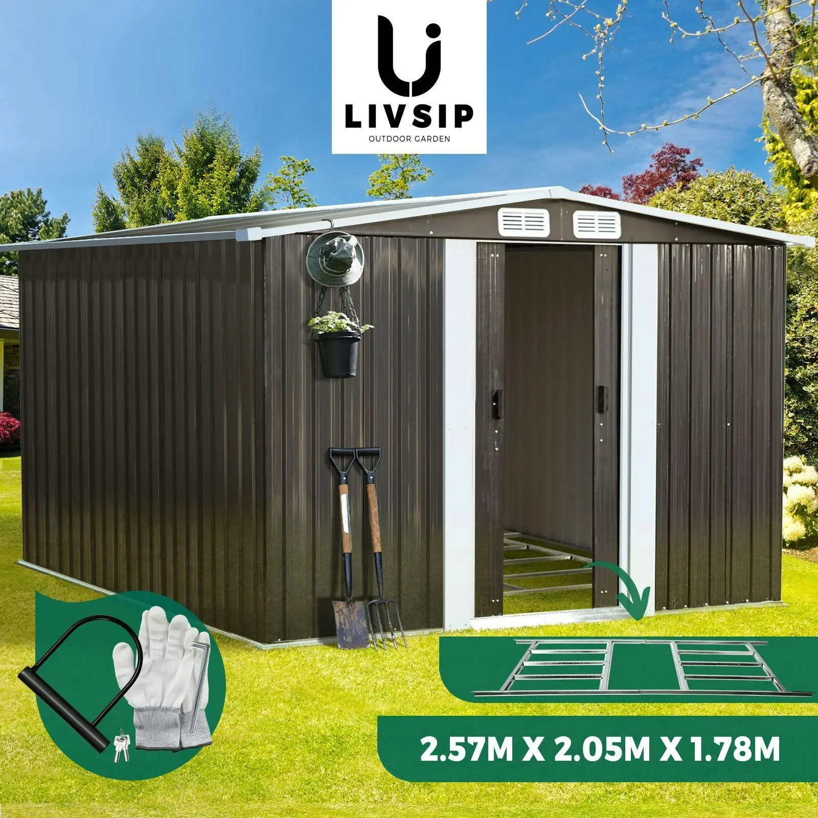 Livsip Garden Shed Outdoor Storage Sheds 2.57x2.05M Workshop Cabin Metal Base