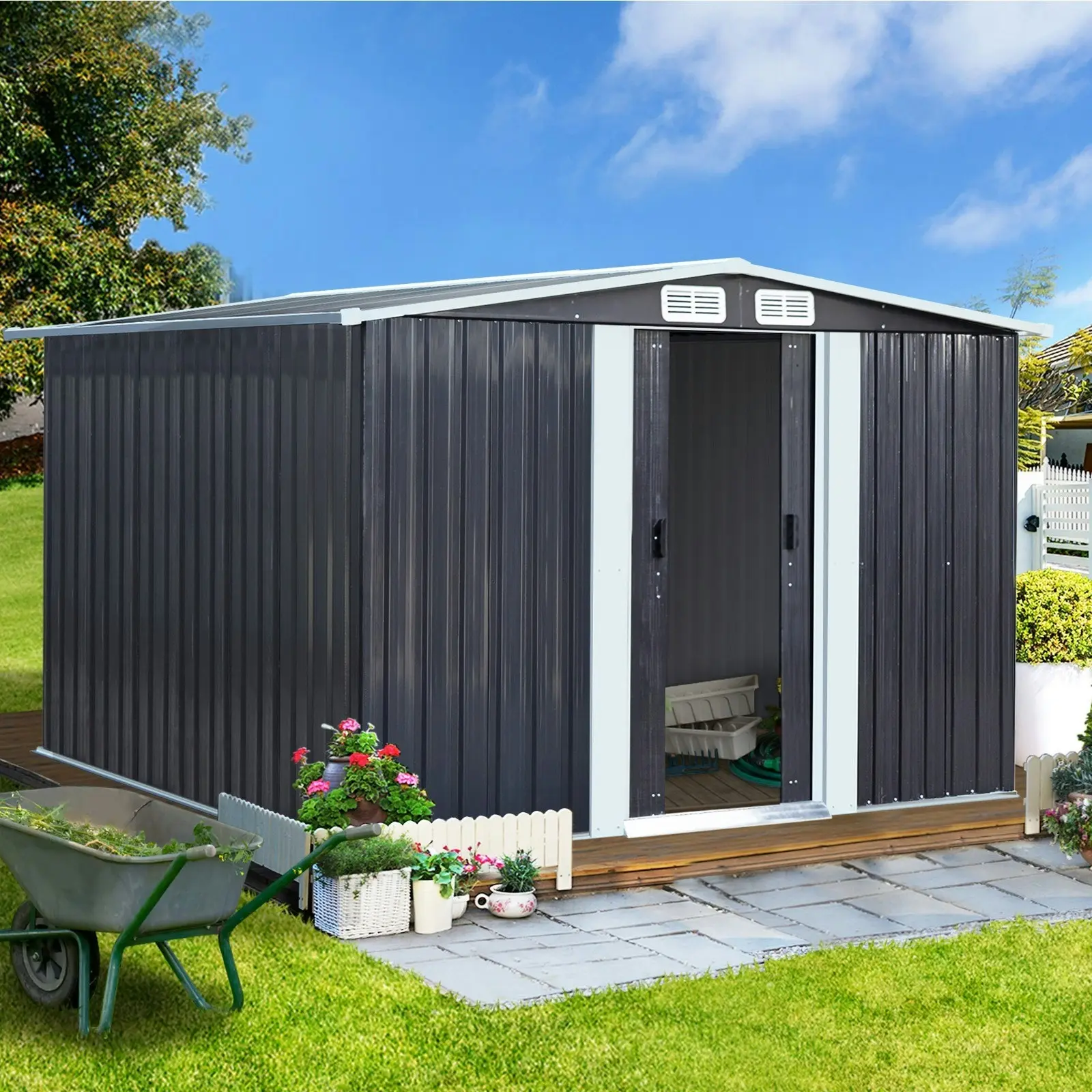 Livsip Garden Shed Outdoor Storage Sheds 2.57x2.05M Workshop Cabin Metal Base