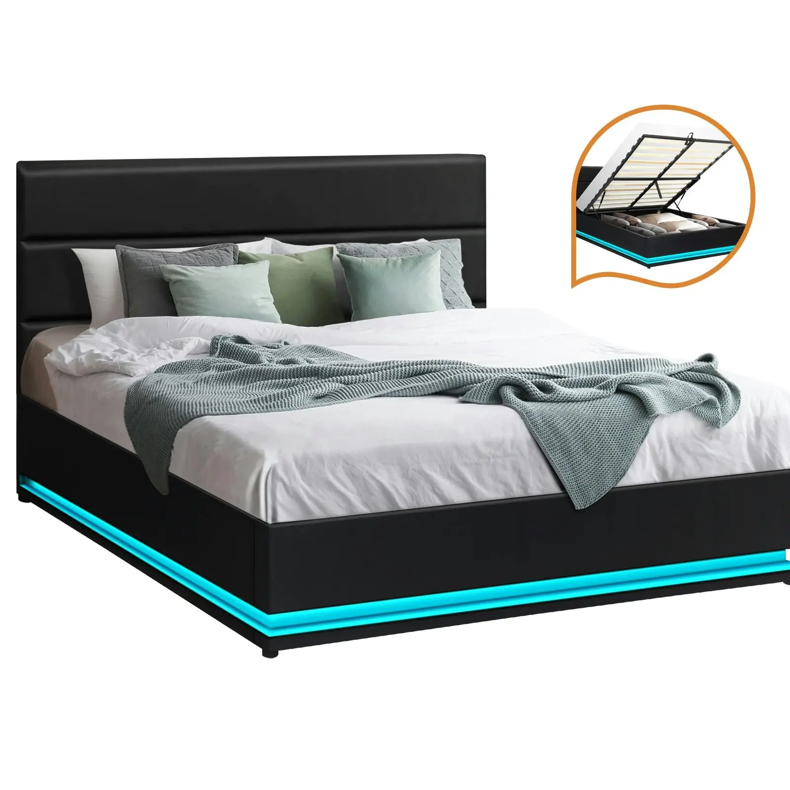 Oikiture RGB LED Bed Frame Double Size Gas Lift Base With Storage Black Leather