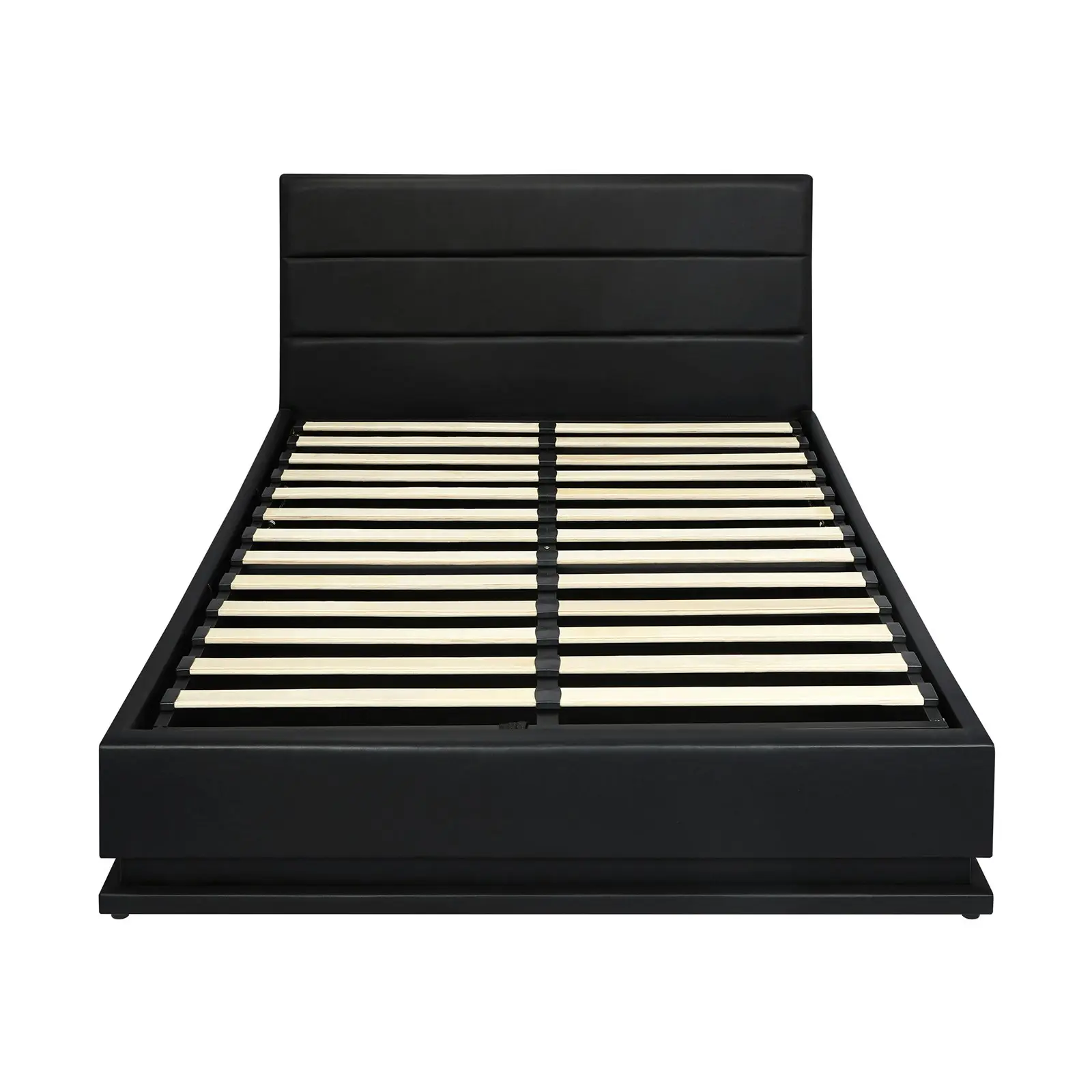 Oikiture RGB LED Bed Frame Queen Size Gas Lift Base With Storage Black Leather