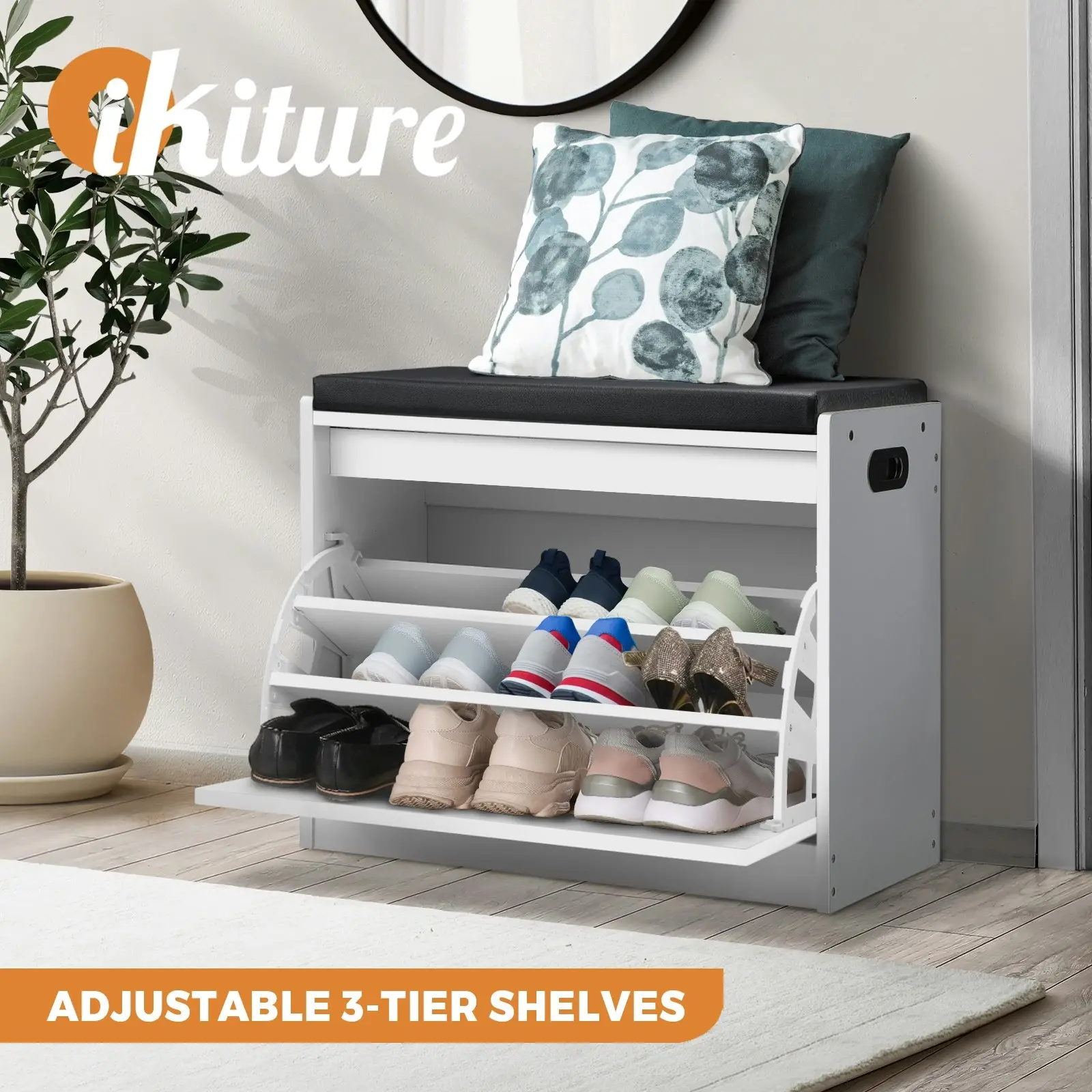 Oikiture Shoe Cabinet Bench Shoes Storage Rack Cupboard Shelf White 15 Pairs