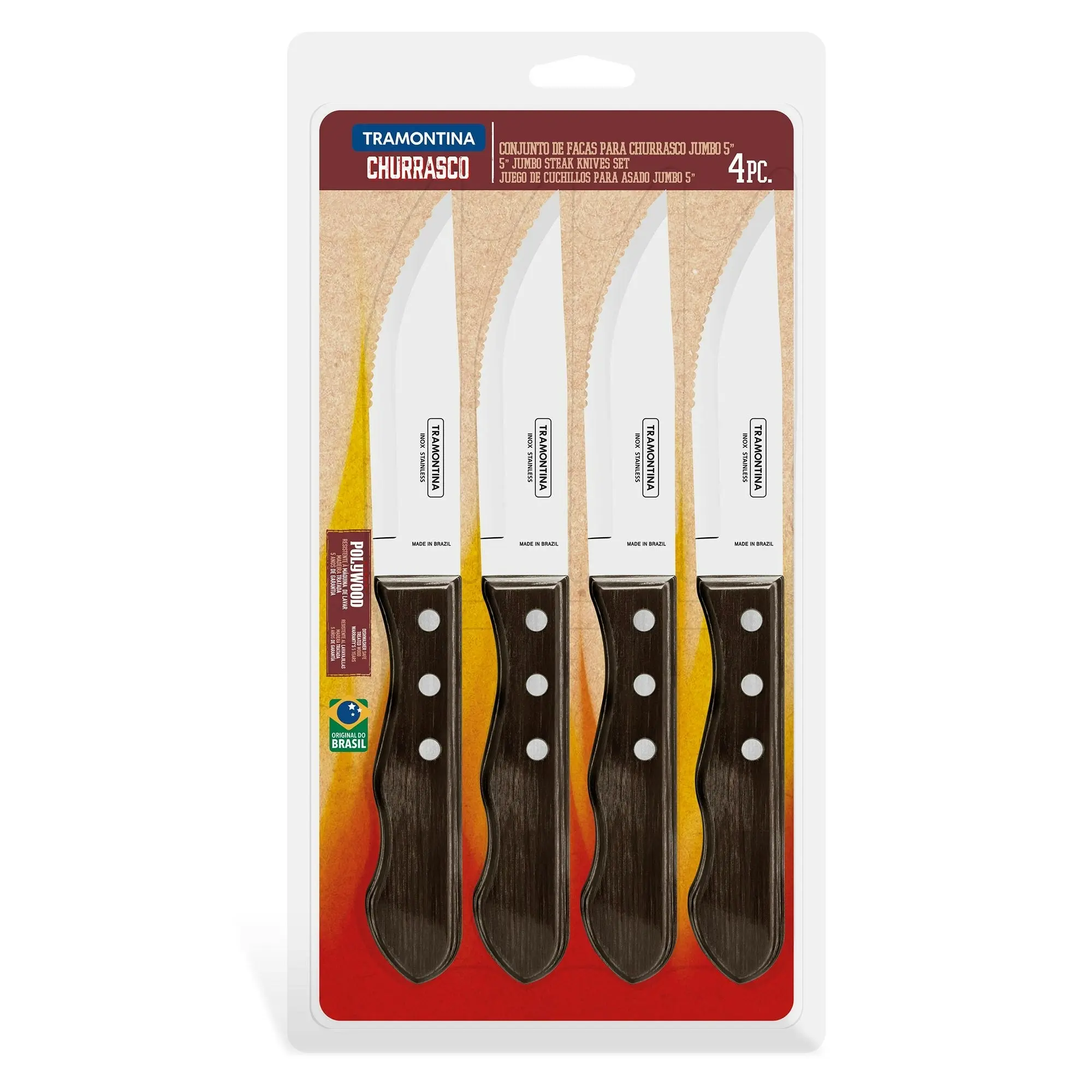 Tramontina Churrasco Jumbo Steak Knife Set, Polywood Brown