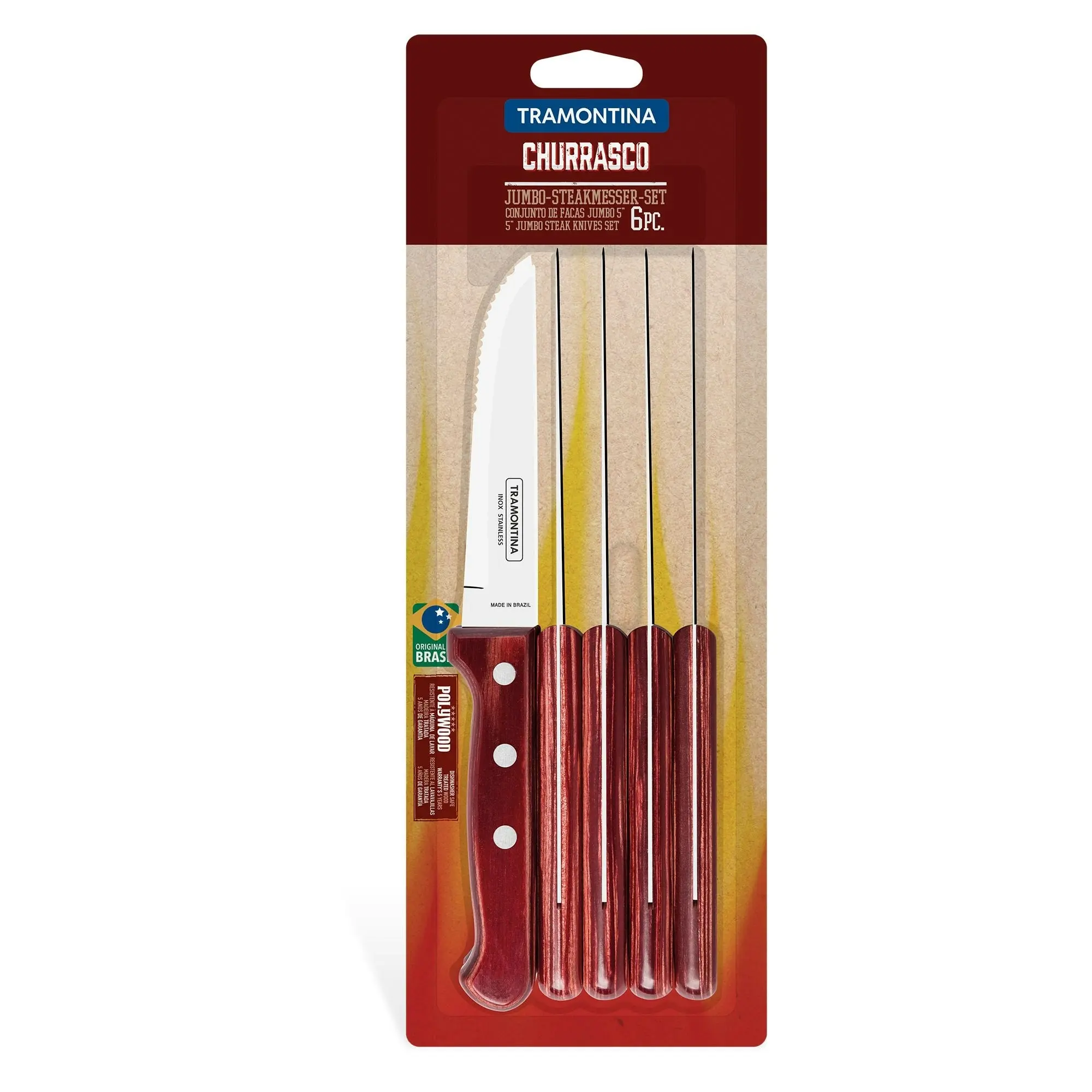 Tramontina Churrasco Gaucho Steak Knife Set, Polywood Red 6Pc