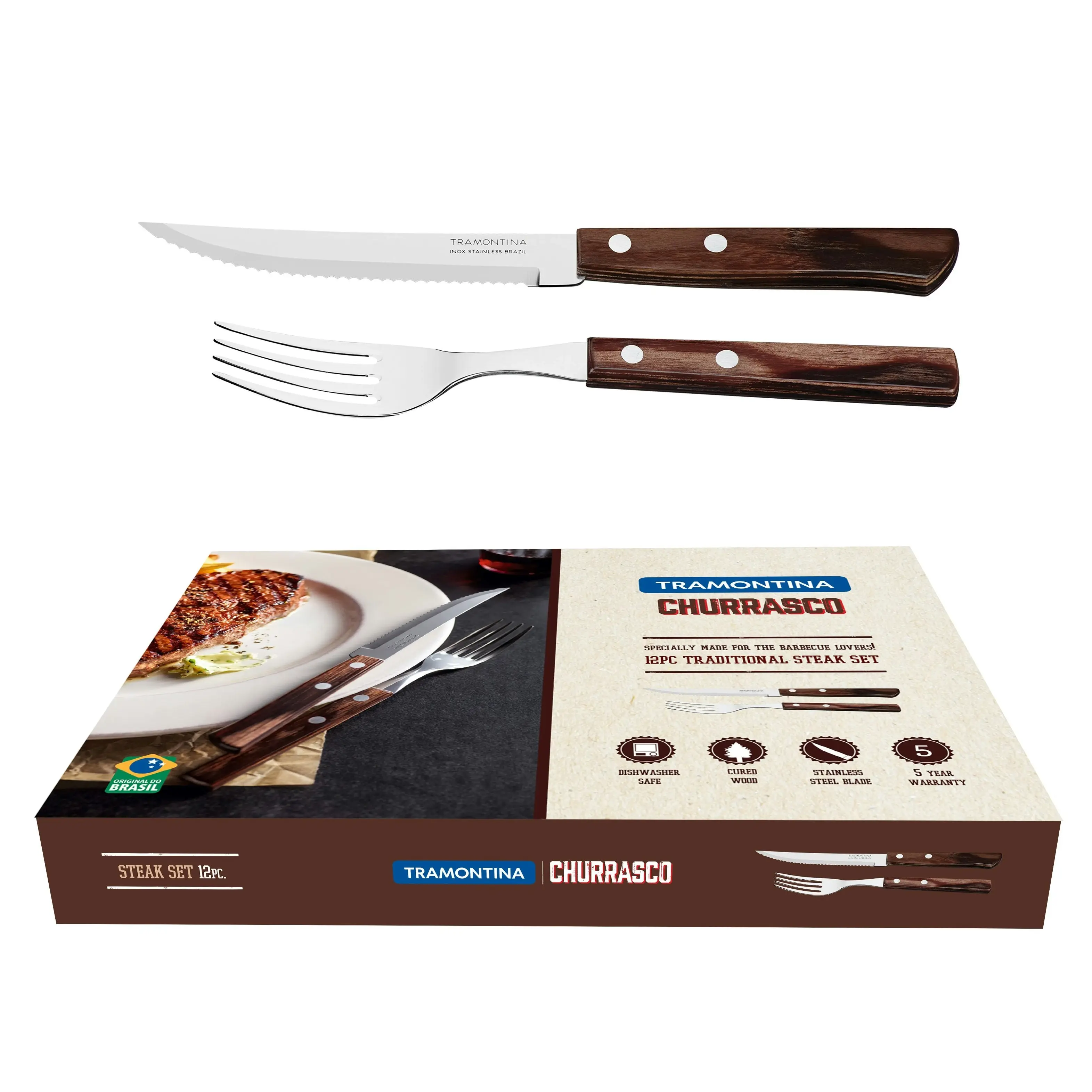 Tramontina Churrasco Traditional Steak Set, Polywood Brown 12Pc