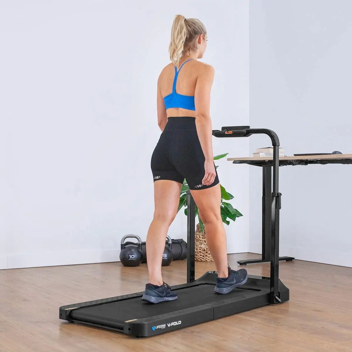 Lifespan Fitness V-FOLD Treadmill with ErgoDesk Automatic Standing Desk 1500mm in Oak