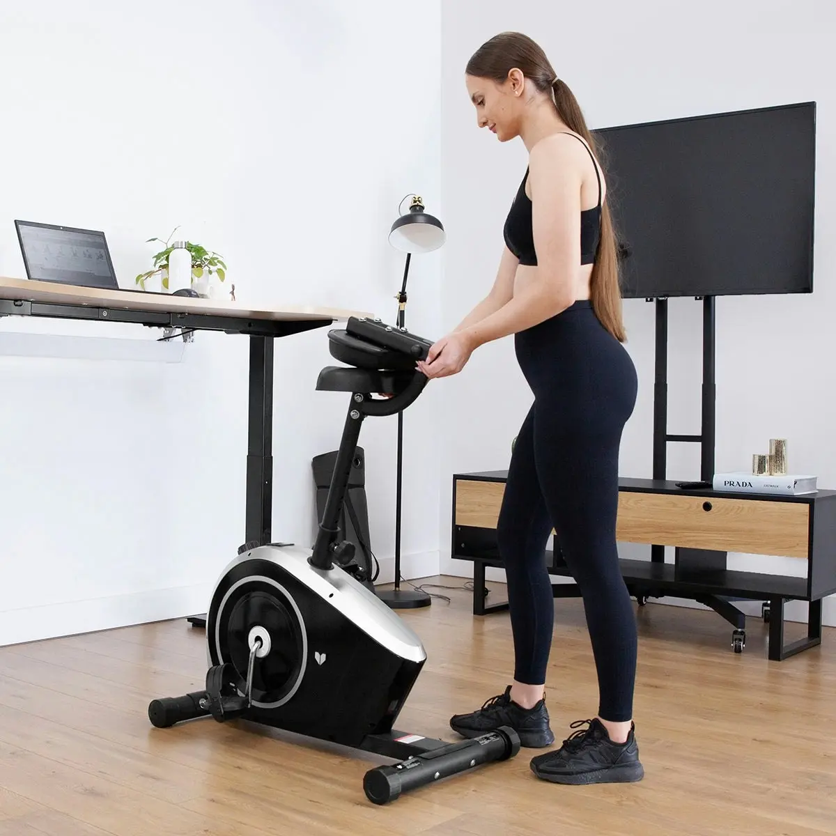 Lifespan Fitness Cyclestation3 Exercise Bike with ErgoDesk Automatic Standing Desk 1500mm in Oak