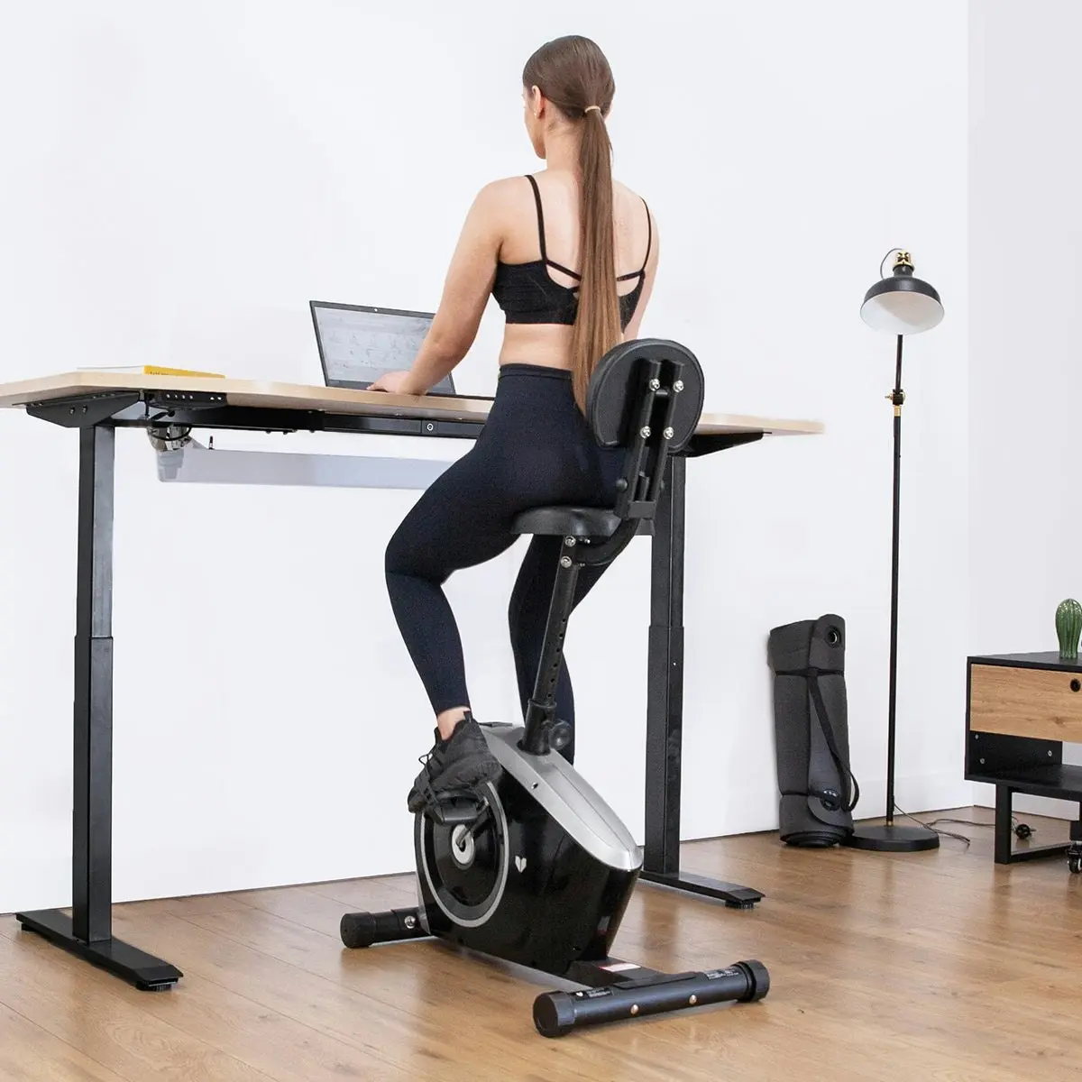 Lifespan Fitness Cyclestation3 Exercise Bike with ErgoDesk Automatic Standing Desk 1500mm in Oak