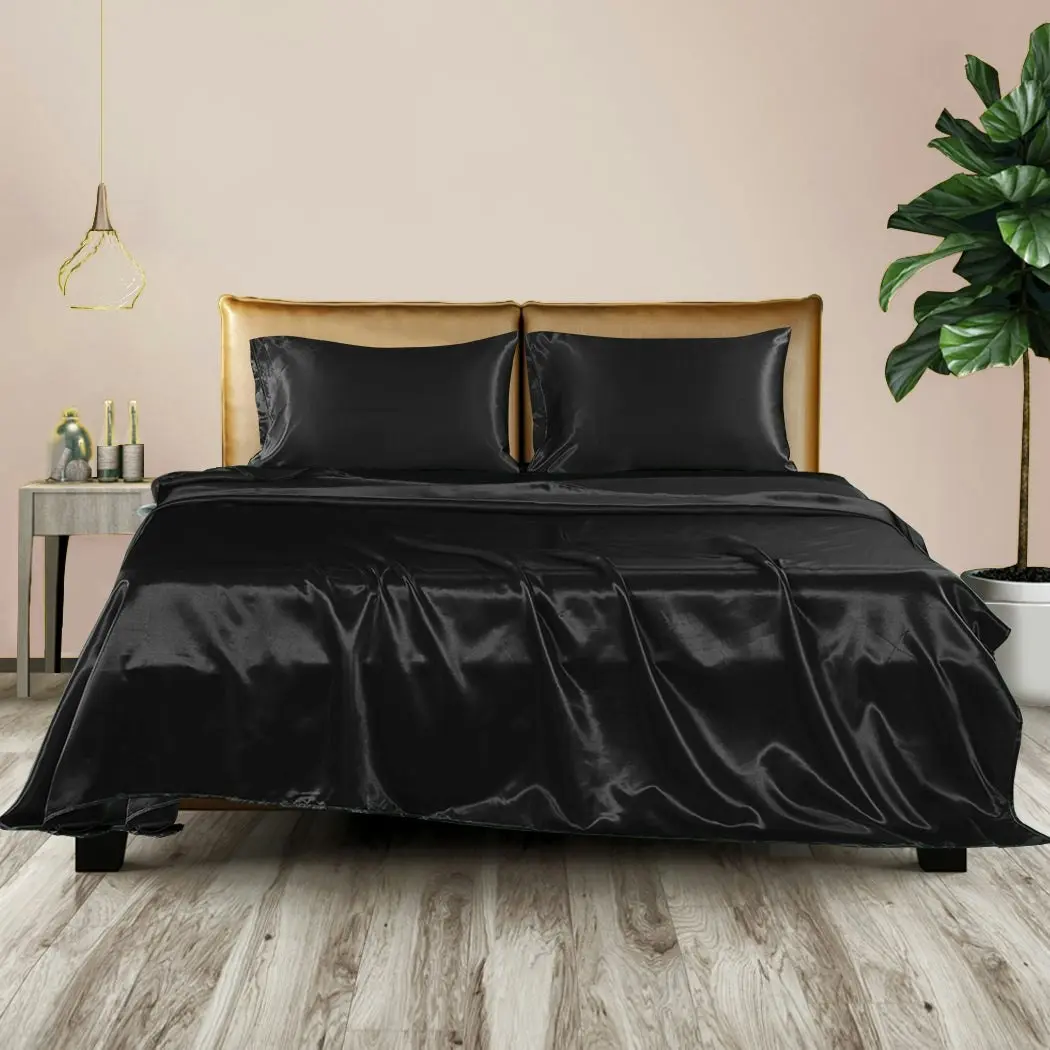 Dreamz Silky Satin Sheets Fitted Flat Bed Sheet Pillowcases Summer Double Black