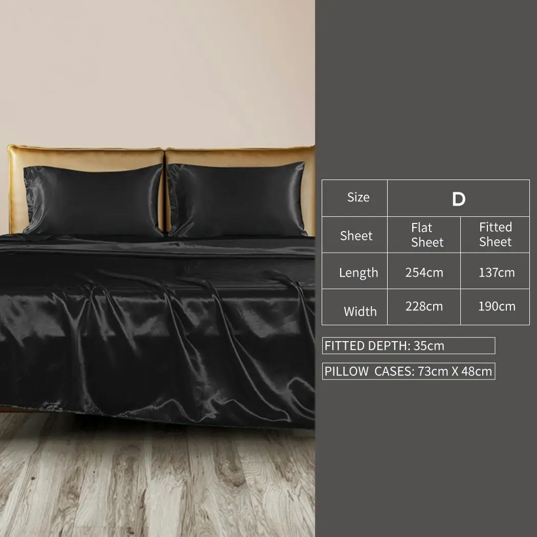 Dreamz Silky Satin Sheets Fitted Flat Bed Sheet Pillowcases Summer Double Black