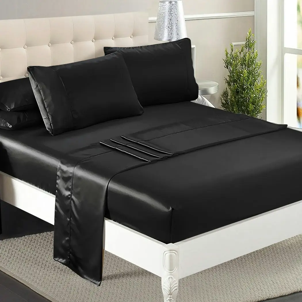 Dreamz Silky Satin Sheets Fitted Flat Bed Sheet Pillowcases Summer Double Black