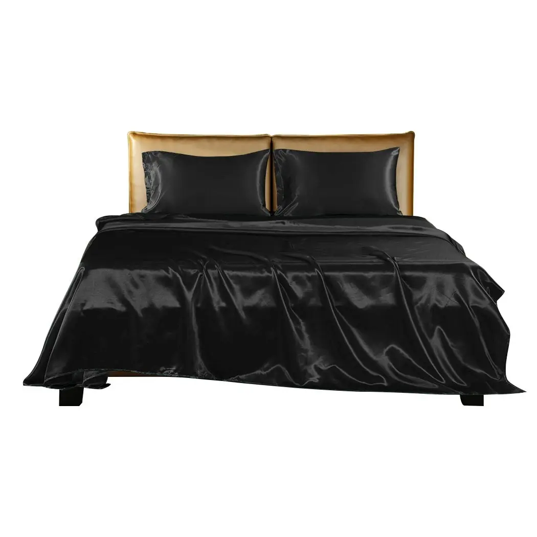 Dreamz Silky Satin Sheets Fitted Flat Bed Sheet Pillowcases Summer Double Black