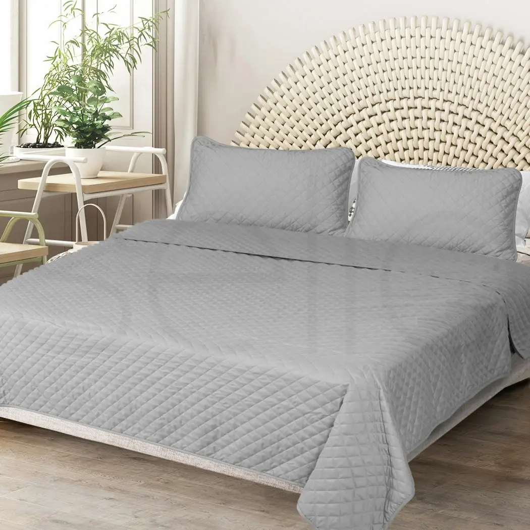 Dreamz Bedspread Coverlet Set Quilted Blanket Soft Pillowcases King Grey