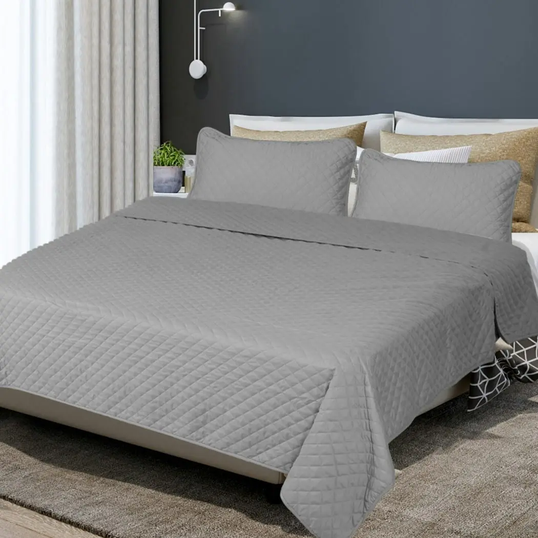 Dreamz Bedspread Coverlet Set Quilted Blanket Soft Pillowcases King Grey