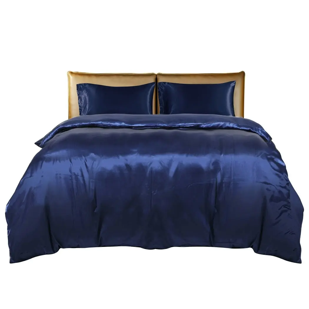 Dreamz Silky Satin Quilt Cover Set Bedspread Pillowcases Summer Double Blue