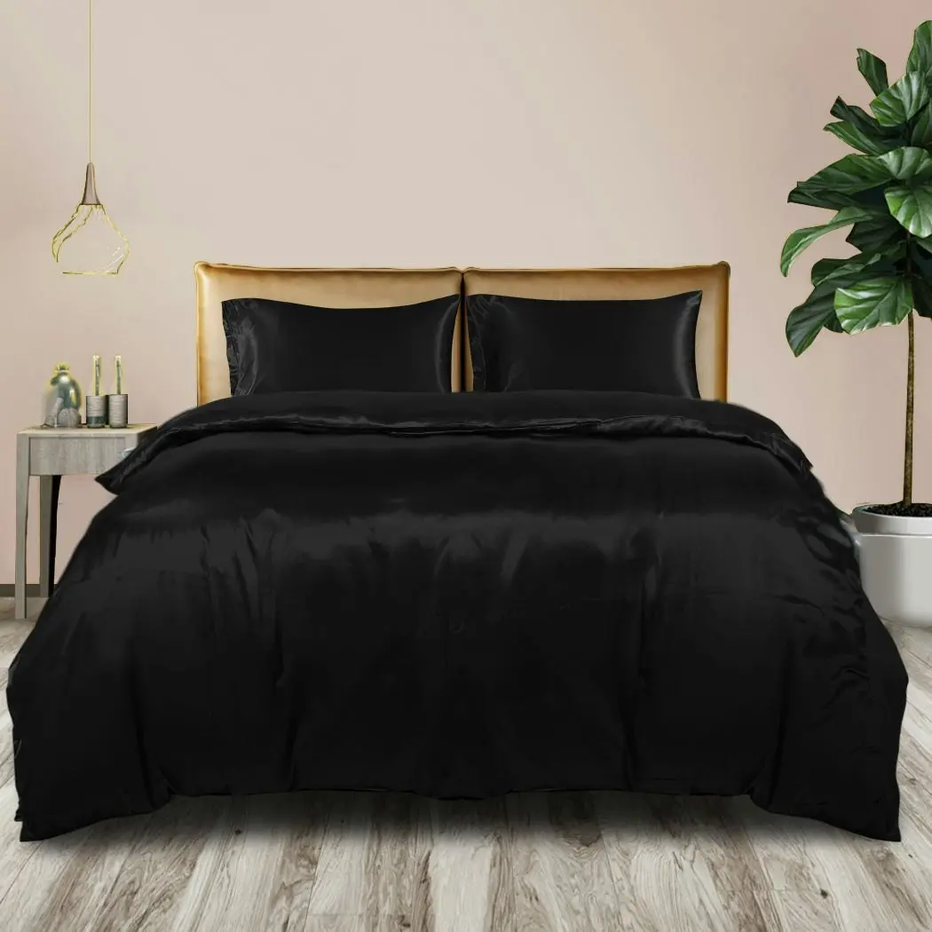 Dreamz Silky Satin Quilt Cover Set Bedspread Pillowcases Summer Single Black