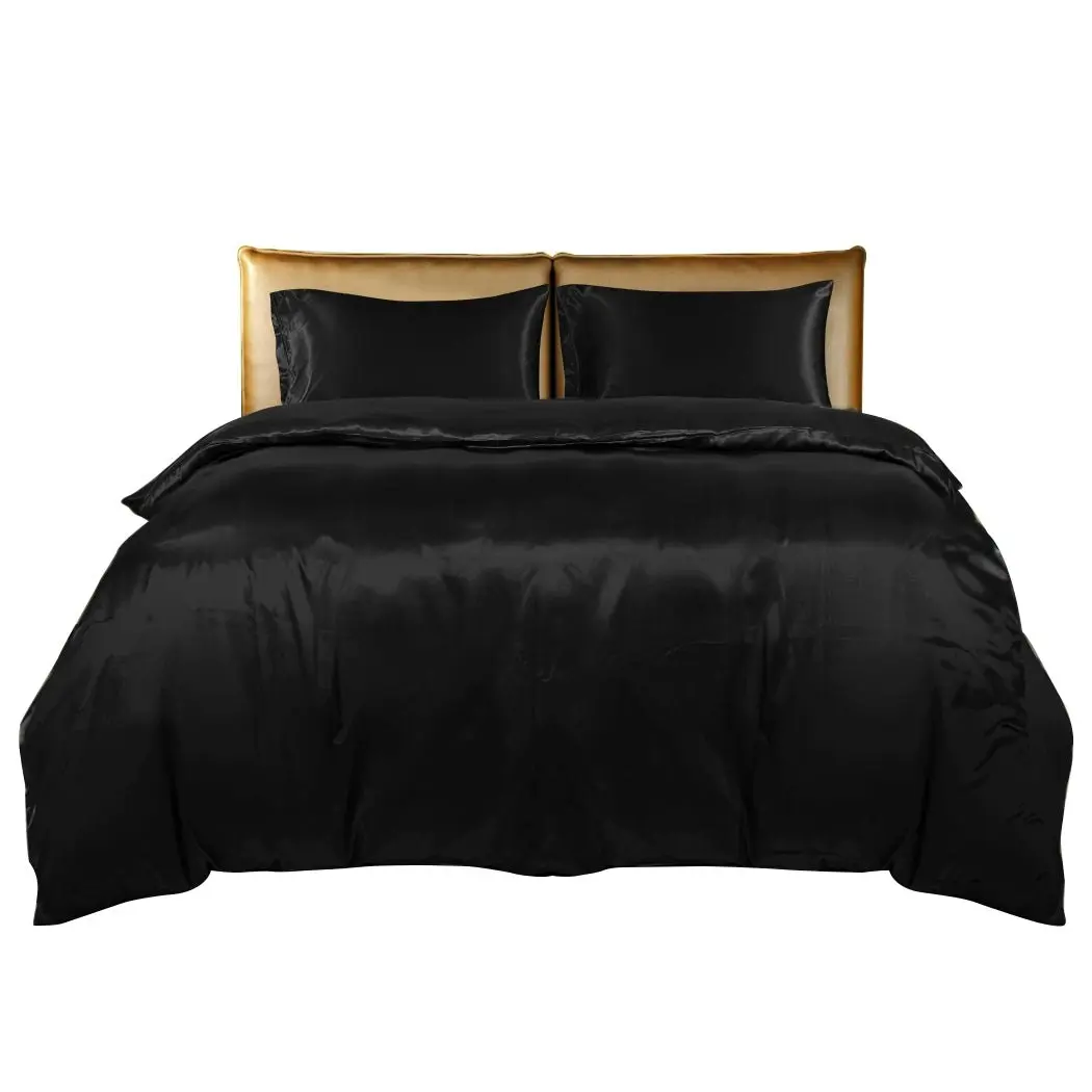 Dreamz Silky Satin Quilt Cover Set Bedspread Pillowcases Summer Single Black