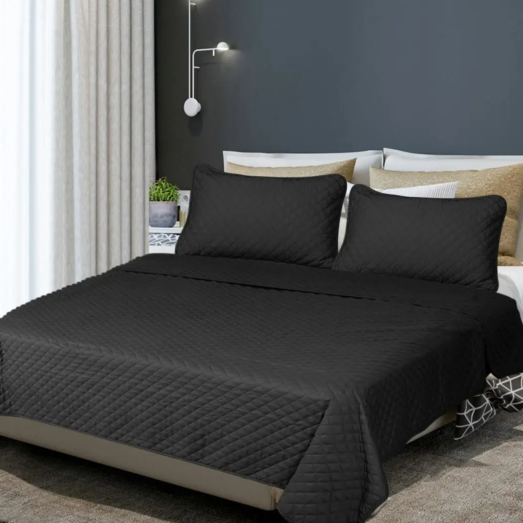 Dreamz Bedspread Coverlet Set Quilted Blanket Soft Pillowcases Queen Dark Grey