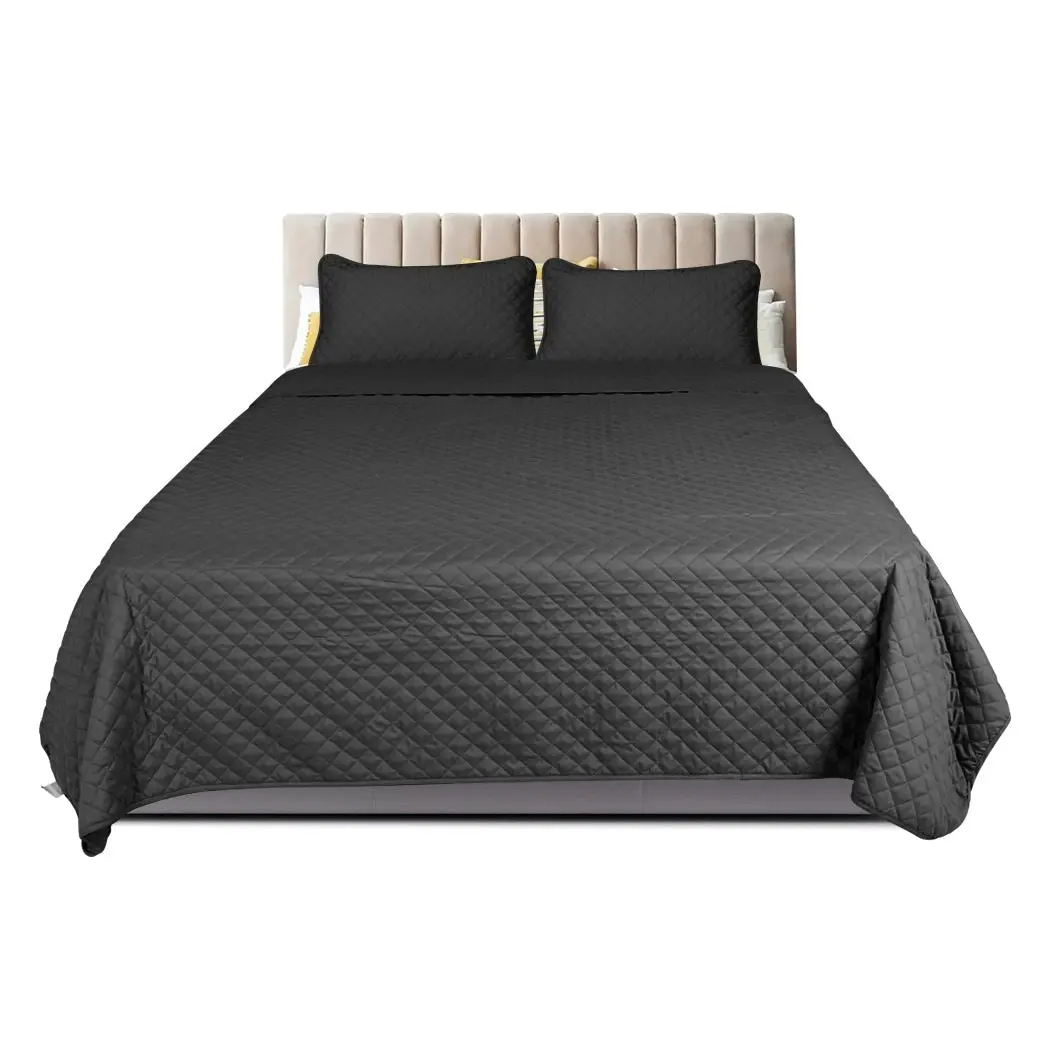 Dreamz Bedspread Coverlet Set Quilted Blanket Soft Pillowcases Queen Dark Grey