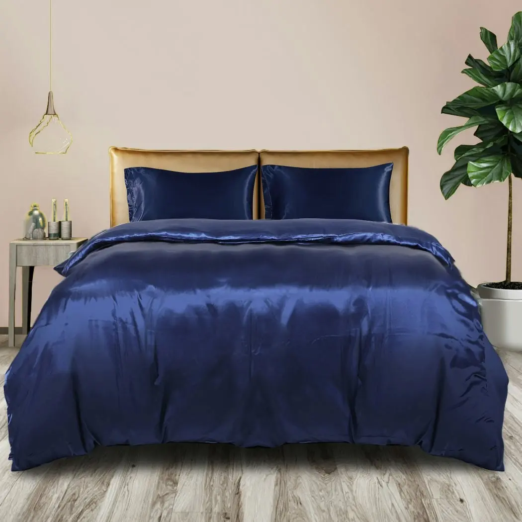 Dreamz Silky Satin Quilt Cover Set Bedspread Pillowcases Summer Super King Blue