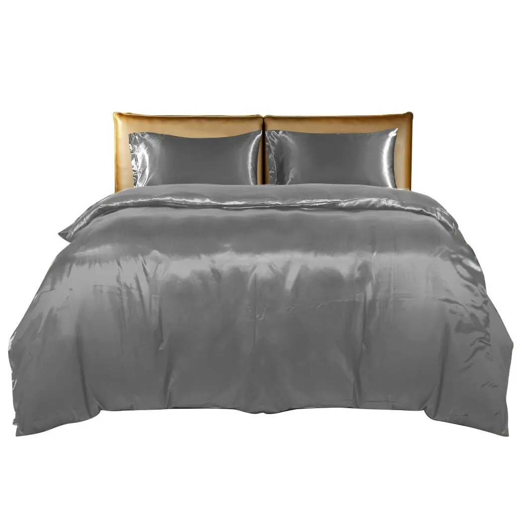 Dreamz Silky Satin Quilt Cover Set Bedspread Pillowcases Summer Single Grey