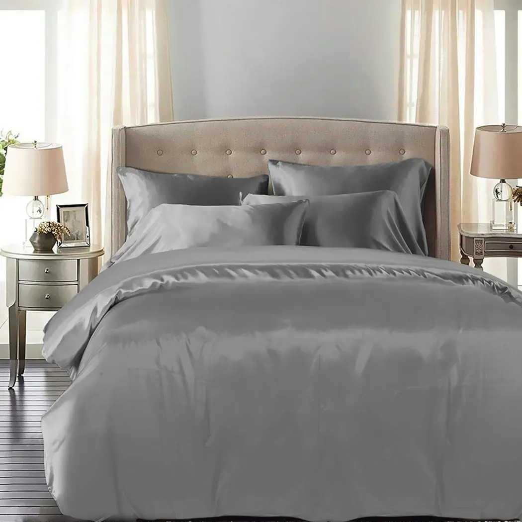 Dreamz Silky Satin Quilt Cover Set Bedspread Pillowcases Summer King Single Grey