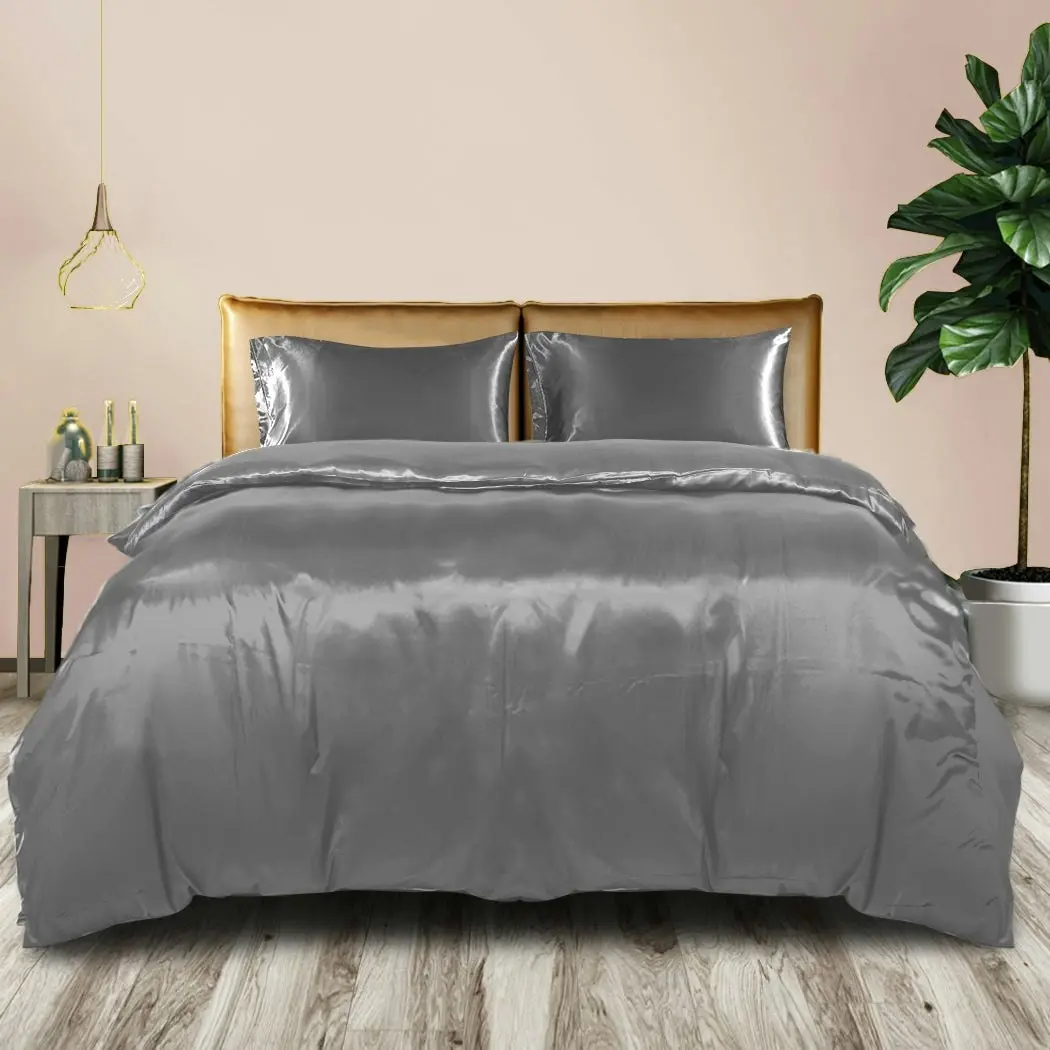 Dreamz Silky Satin Quilt Cover Set Bedspread Pillowcases Summer King Single Grey