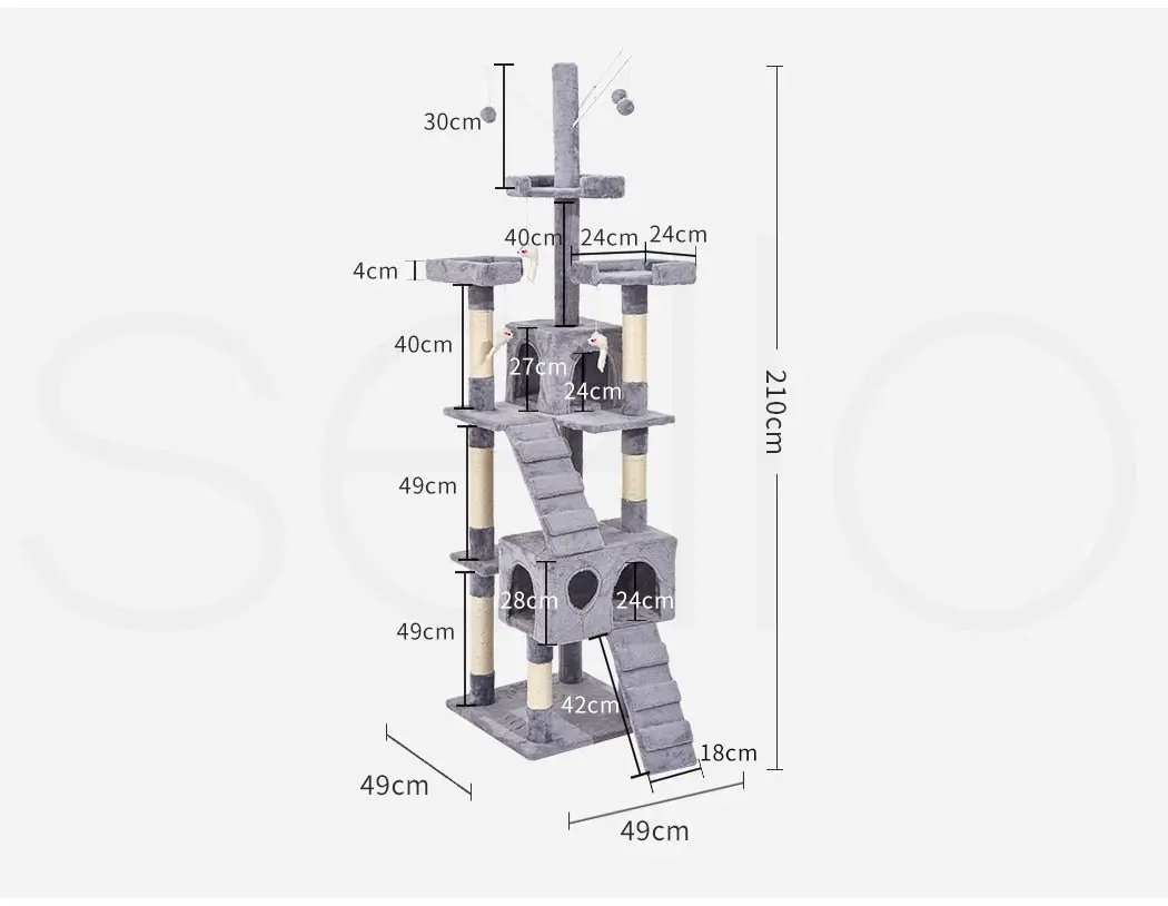 Pawz Cat Tree Scratching Post Scratcher Tower Condo House Furniture Grey 210cm