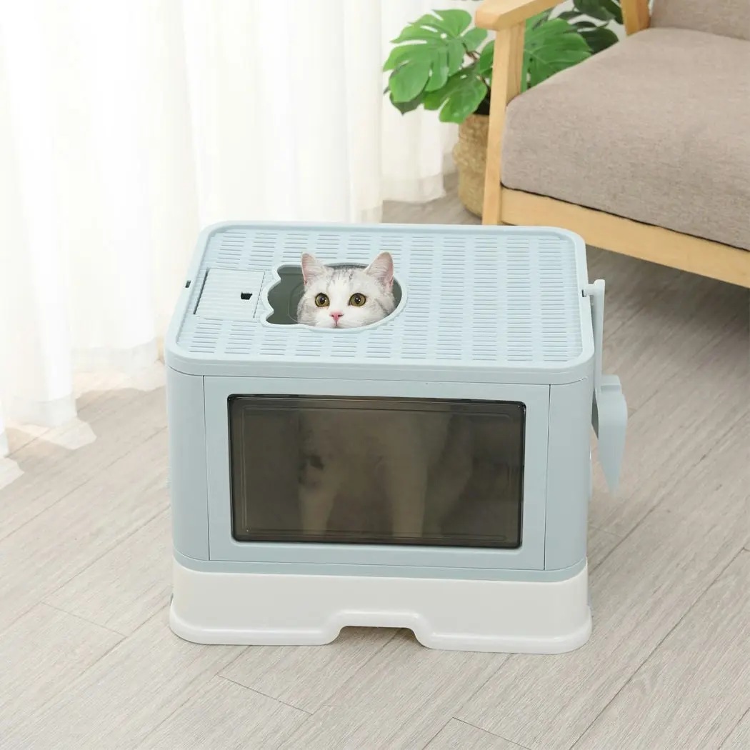 Pawz Foldable Cat Litter Box Tray Enclosed Kitty Toilet Hood Hair Grooming Blue