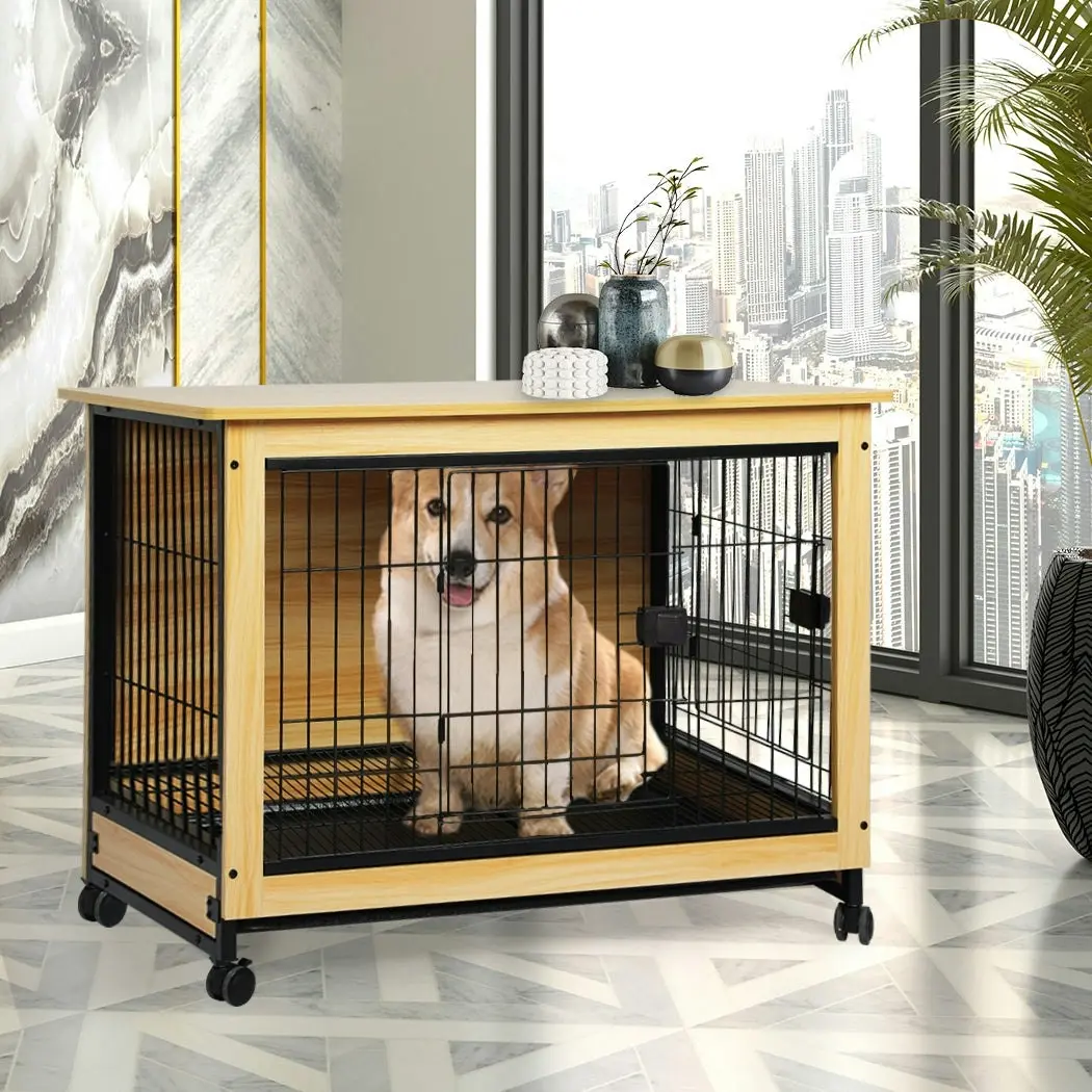 Pawz Wooden Wire Dog Kennel Side End Table Steel Puppy Crate Indoor Pet House L