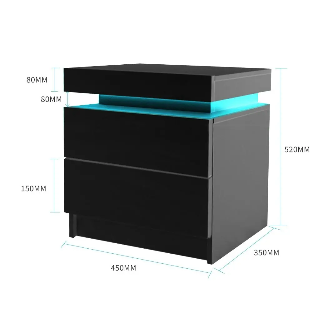 Levede Bedside Tables Side Table 2 Drawers RGB LED High Gloss Nightstand Cabinet