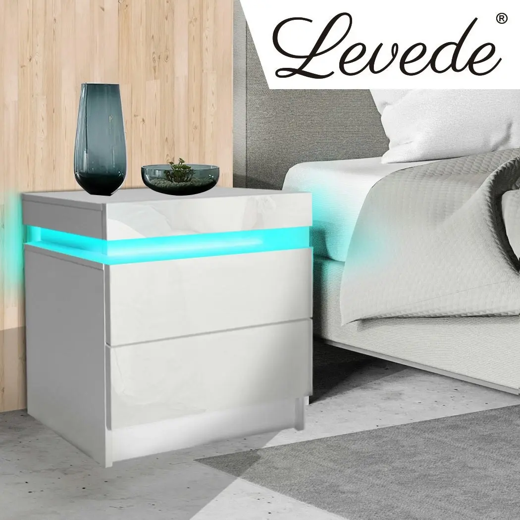 Levede Bedside Tables RGB LED Side Table 2 Drawers High Gloss Nightstand Cabinet