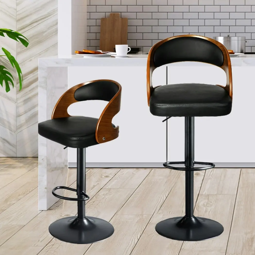 Levede 1x Kitchen Bar Stools Gas Lift Wooden Beech Stool Metal Barstools Black