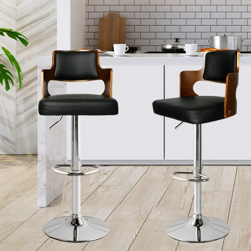 Levede 1x Kitchen Bar Stools Gas Lift Wooden Beech Stool Metal Black Barstools