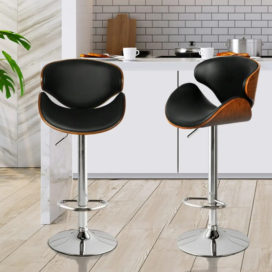 Levede 1x Kitchen Bar Stools Gas Lift Wooden Beech Stool Metal Black Barstools