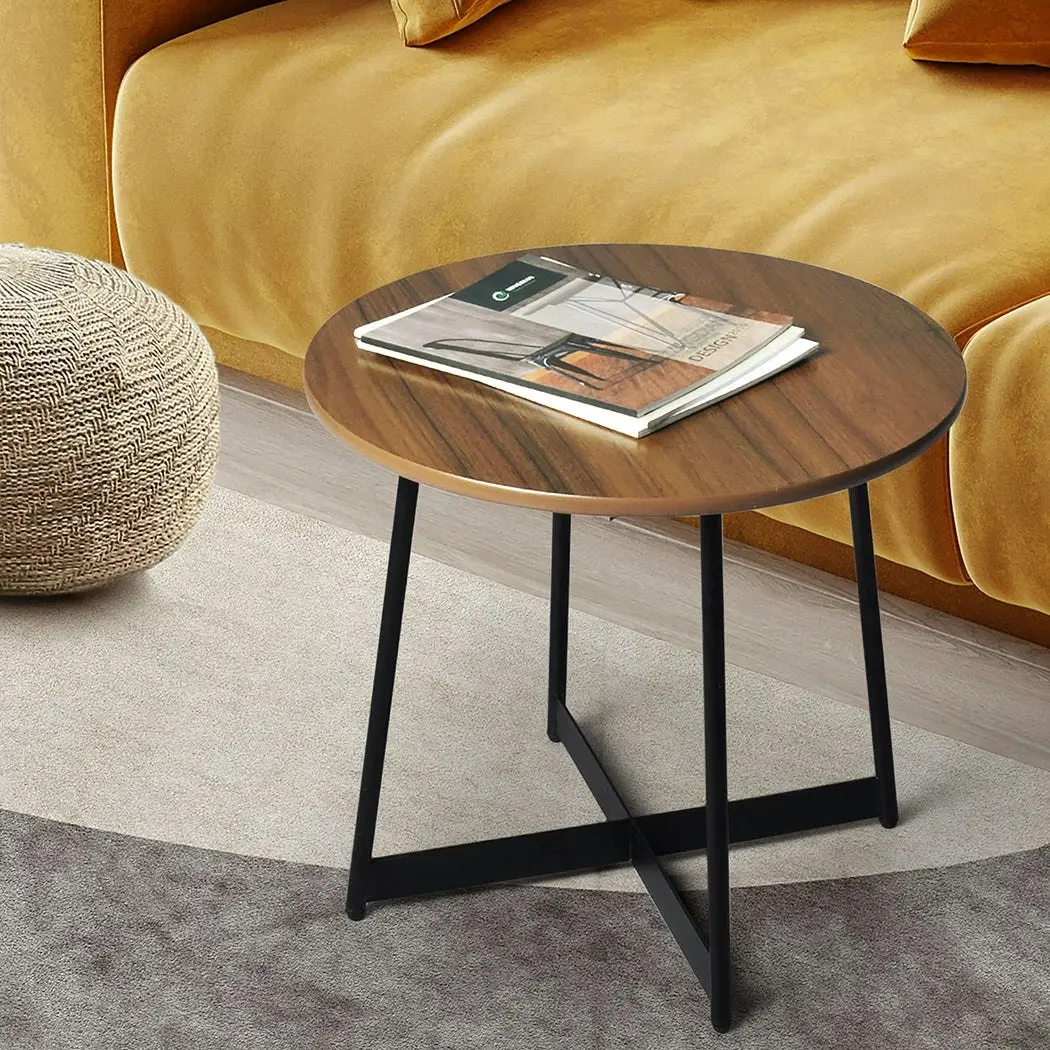 Levede Side Table Bedside Coffee End Round Wood Steel Industrial Retro 50cm Dia.