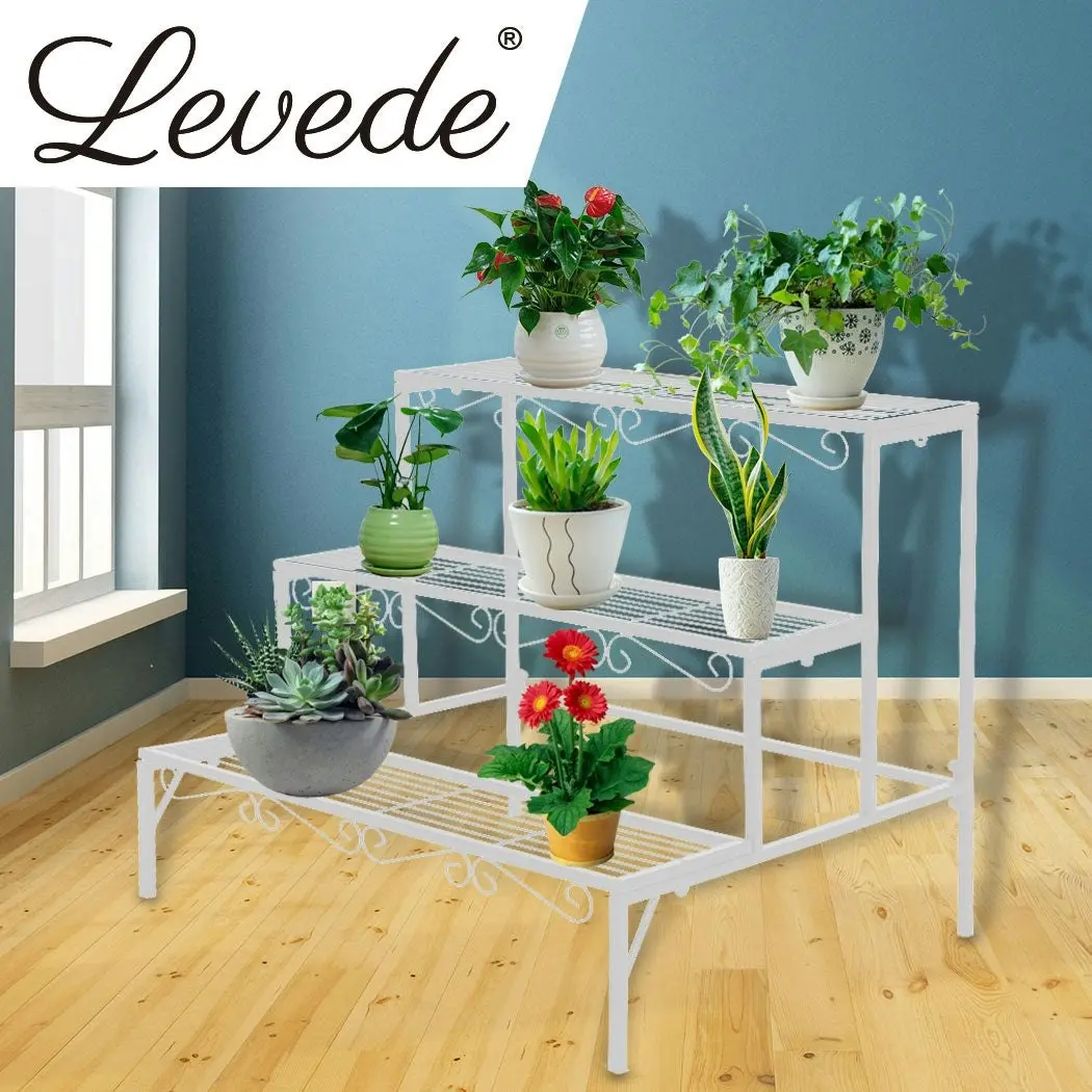 Levede Plant Stands Outdoor Indoor Metal White Flower Pot 3 Garden Corner Shelf