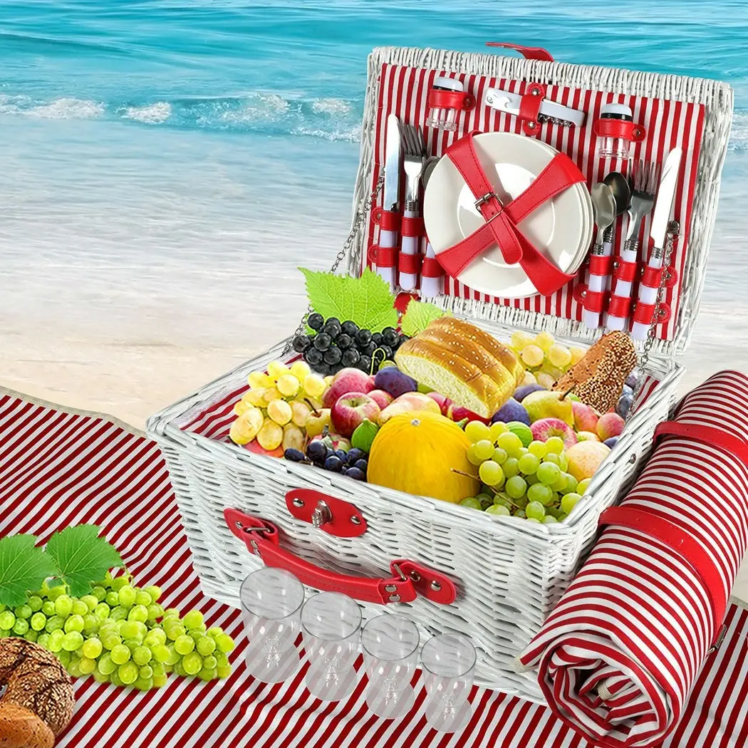 Traderight Group  Picnic Basket Set Baskets 4 Person Wicker Outdoor Insulated Cooler Bag Blanket