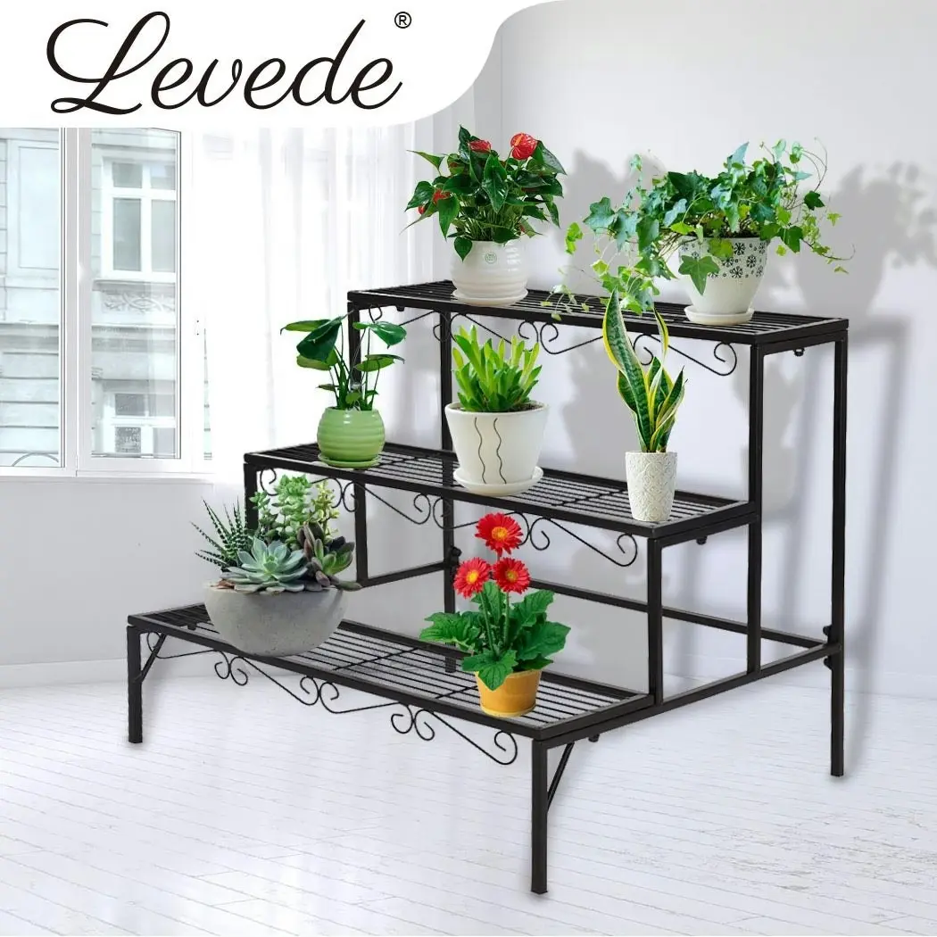 Levede Plant Stand 3 Tier Rectangle Metal Flower Pot Planter Corner Shelf Black