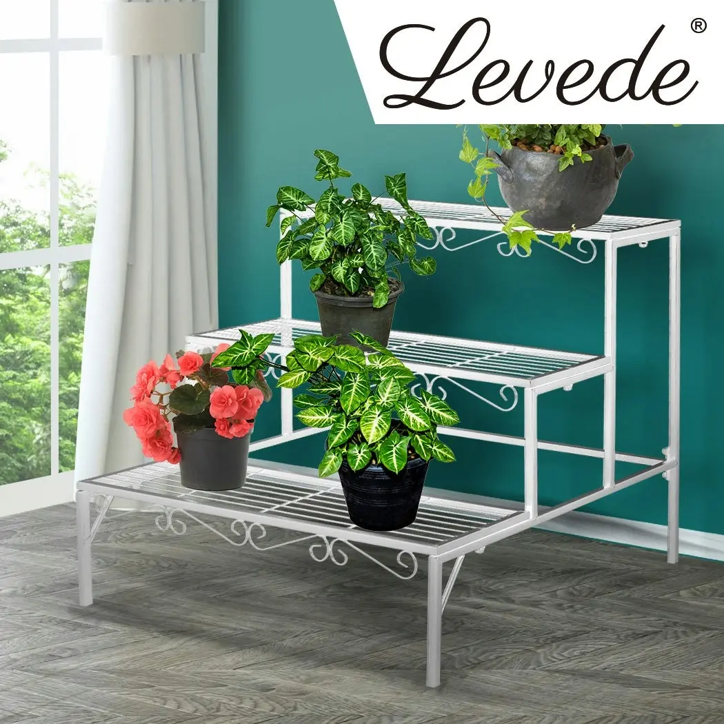 Levede 3 Tier Rectangle Metal Plant Stand Flower Pot Planter Corner Shelf White