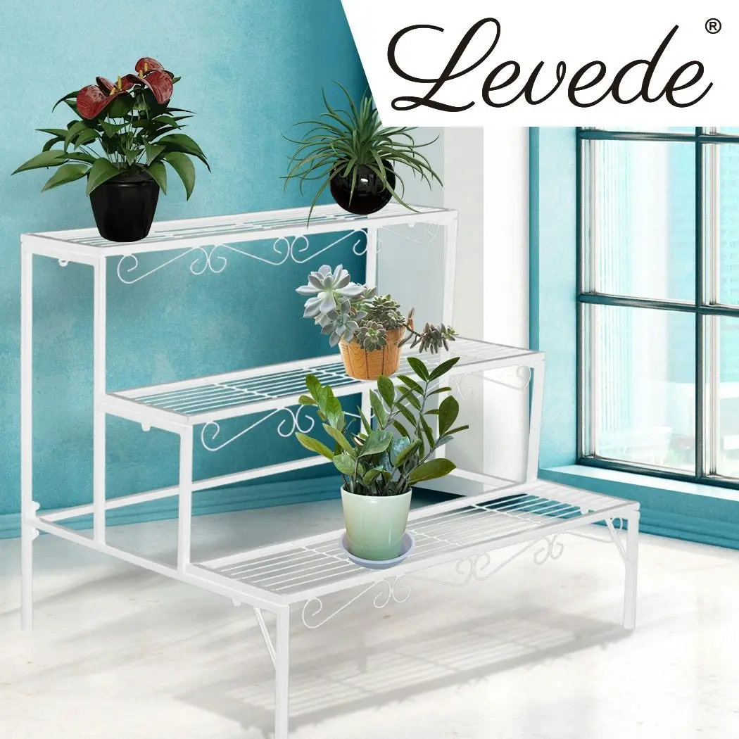 Levede 3 Tier Rectangle Metal Plant Stand Flower Pot Planter Corner Shelf White