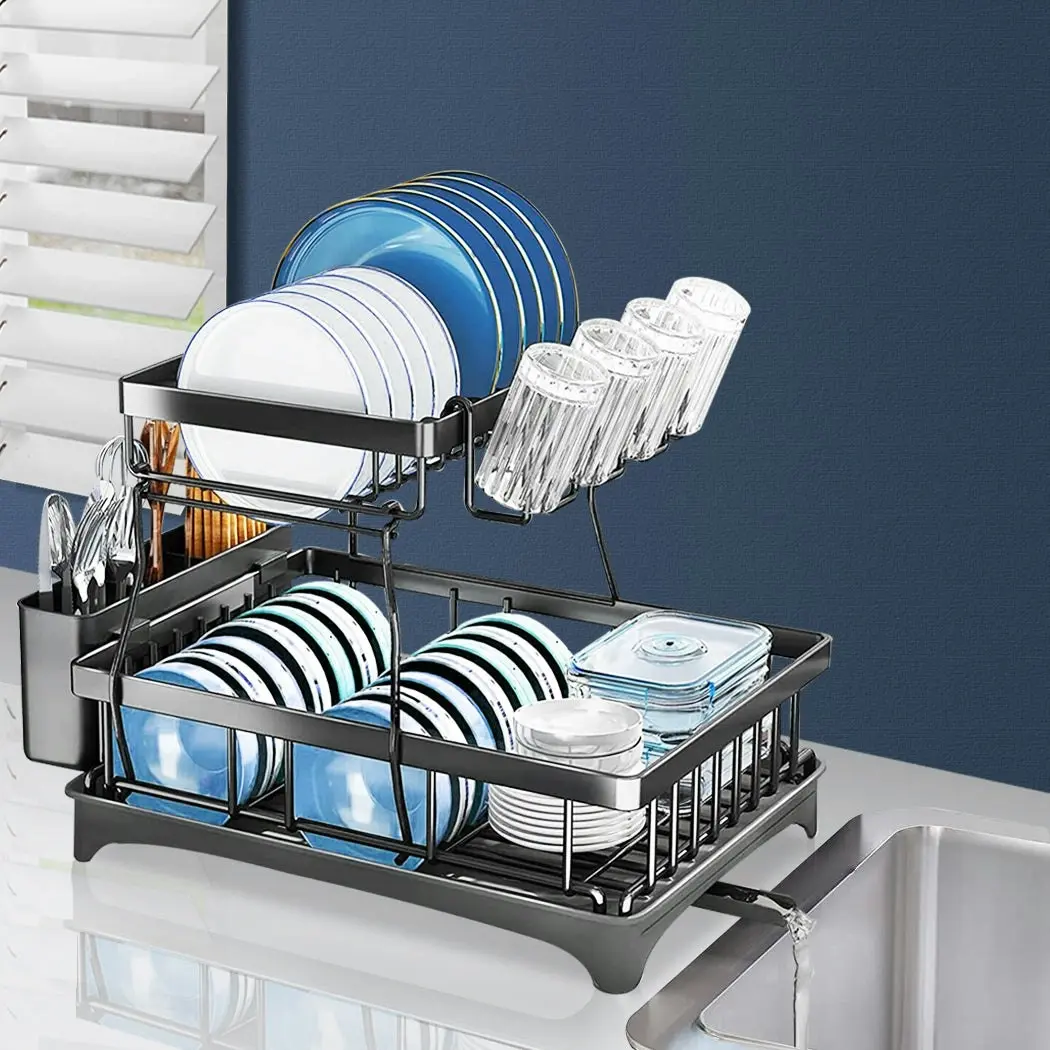 Toque Detachable Dish Drying Rack Cutlery Organizer Drainer Board  2 Tier Black