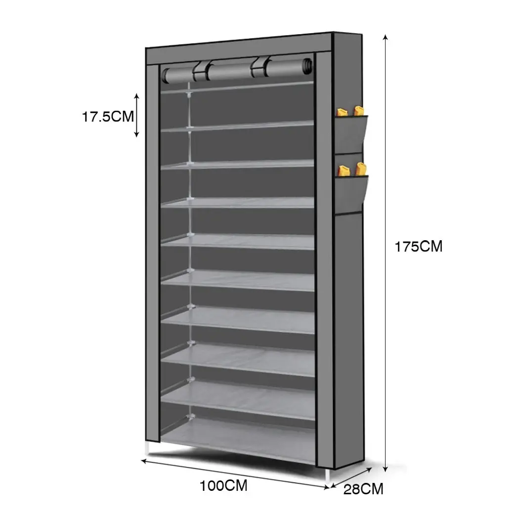 Levede 10 Tier Shoe Rack Portable Storage Cabinet Organiser Wardrobe Grey Cover