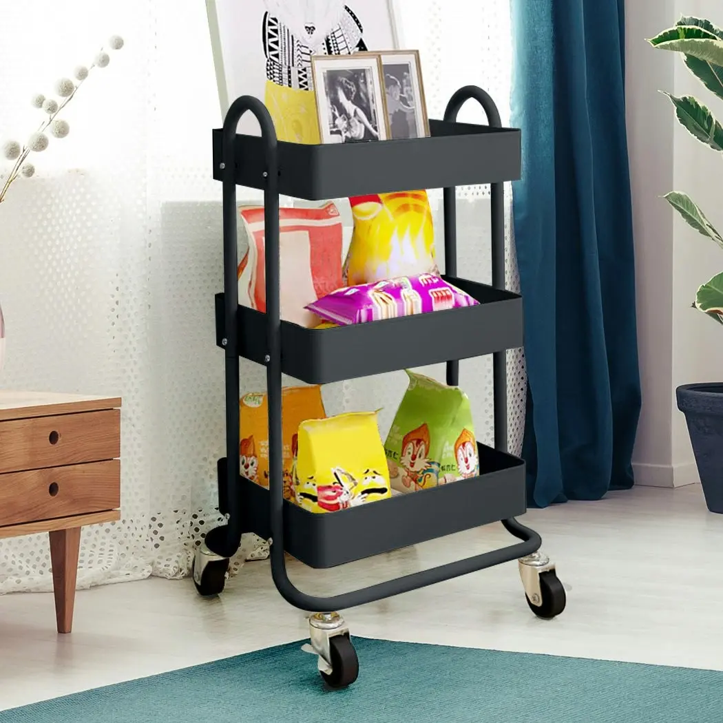 Levede 3 Tiers Kitchen Trolley Cart Steel Storage Rack Shelf Organiser Grey