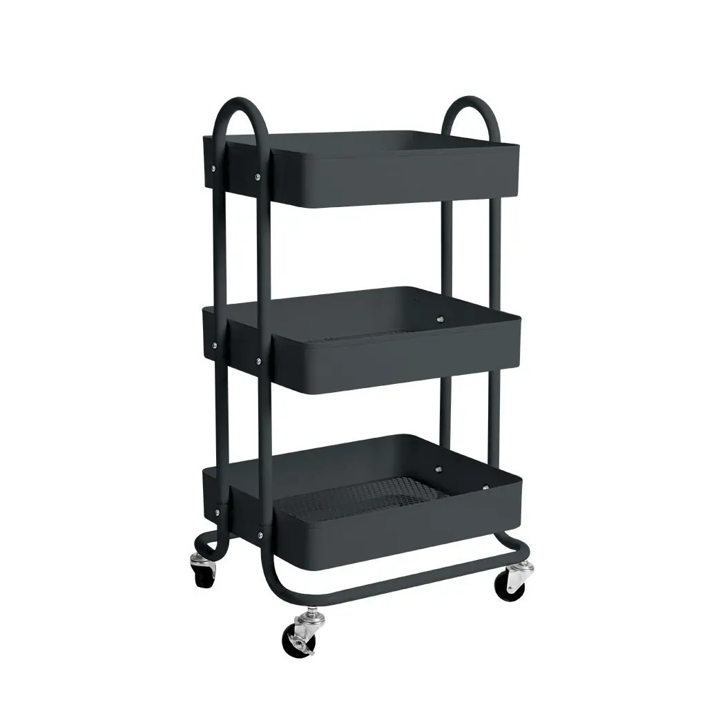 Levede 3 Tiers Kitchen Trolley Cart Steel Storage Rack Shelf Organiser Grey