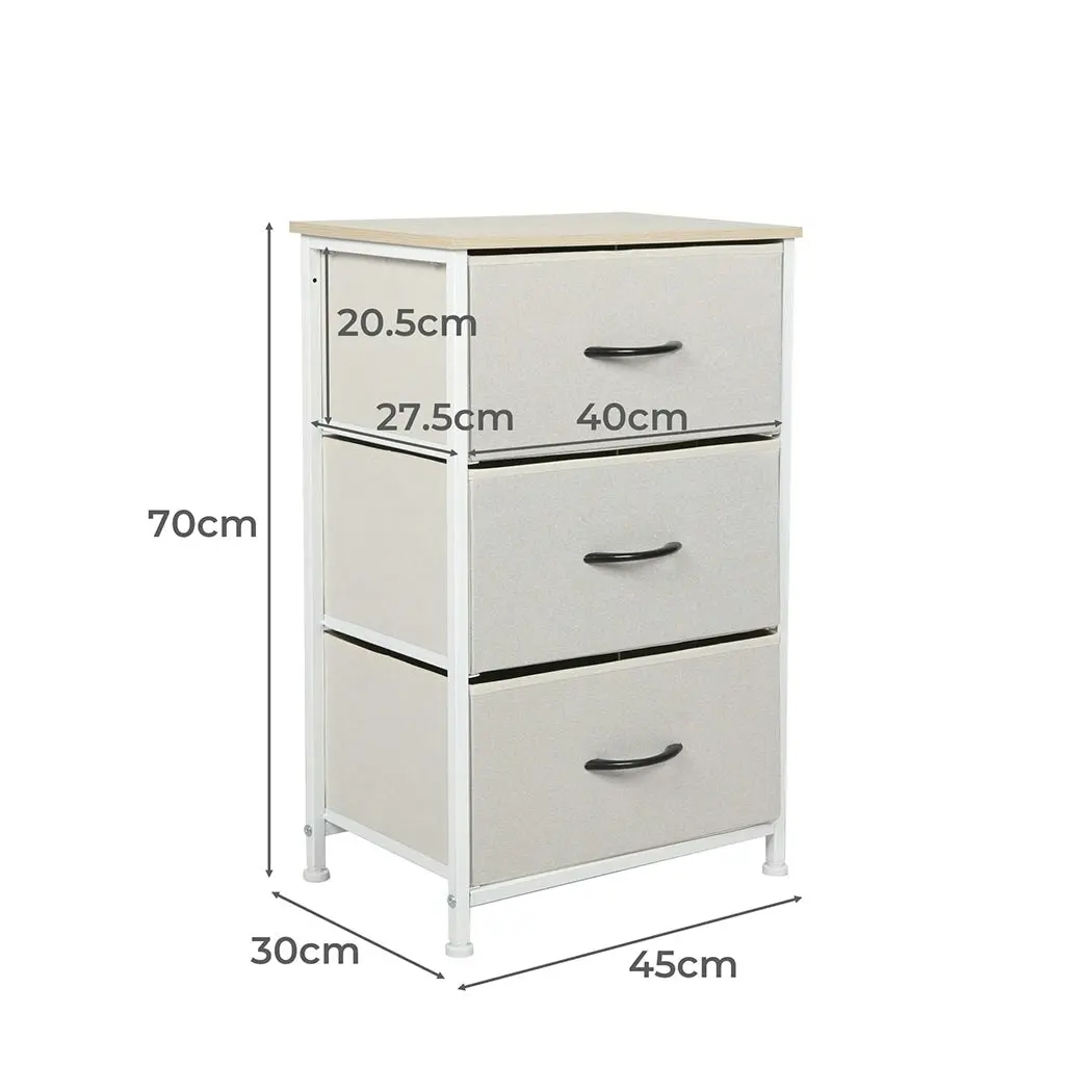 Levede Chest of 3 Drawers Bedside Table Storage Cabinet Tower Dresser Beige