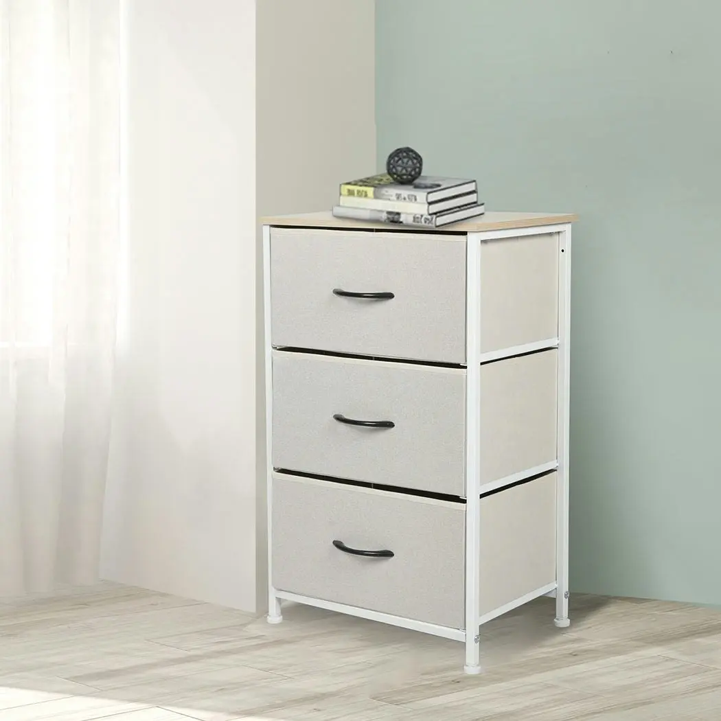 Levede Chest of 3 Drawers Bedside Table Storage Cabinet Tower Dresser Beige